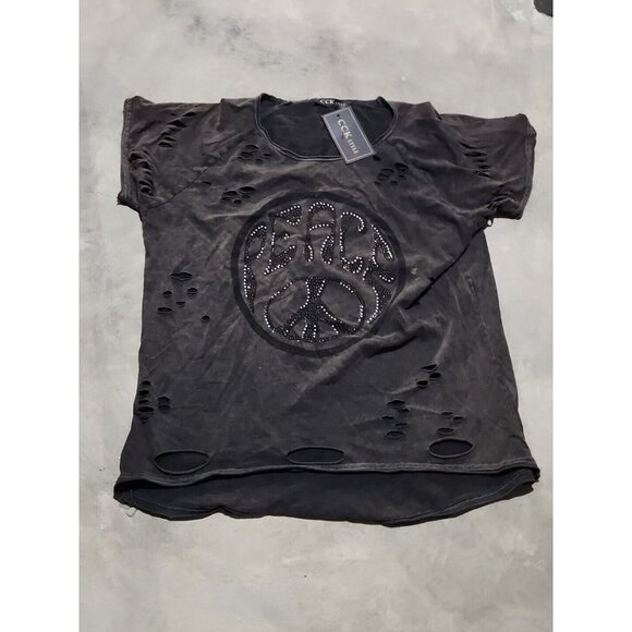 CCK Style Anthracite 'Peace' Bedazzled Distressed Tee Women's Size Lg/40 - Picture 1 of 5